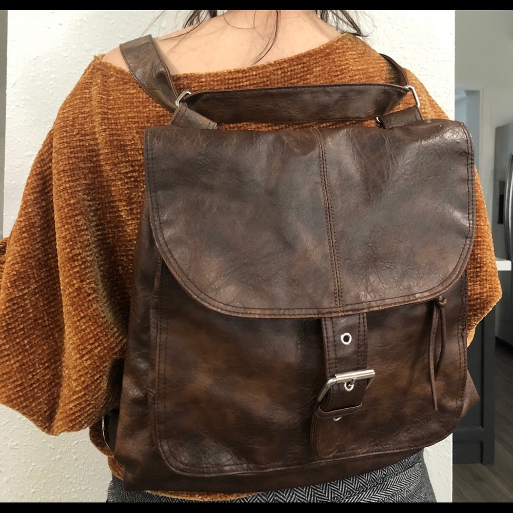 Brown vinyl backpack satchel book bag (can bundle)
